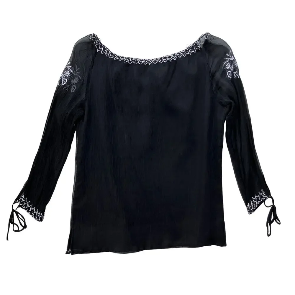 Robbie B Vintage Y2K Silk Boho Embroidered Blouse Size 8 Whimsygoth Black White